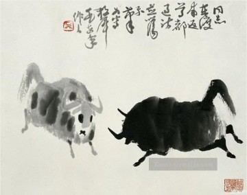  kämpfen - Wu zuoren kämpfende Rinder Chinesische Malerei